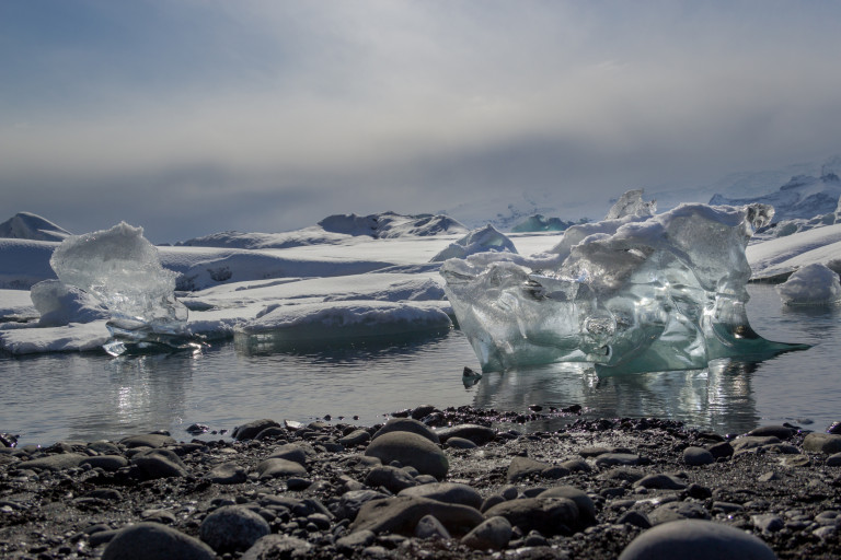 ice and water in bright glassblue colors